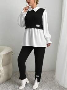 SHEIN Essnce 大码春夏装新款时尚休闲拼接拼色长袖两件套 - 黑與白 - 查看 4