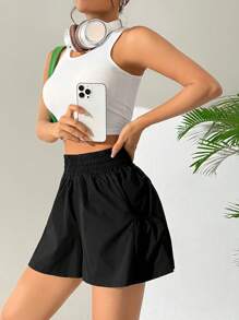 SHEIN EZwear Women's High Waisted Elastic Waist Wide Leg Shorts - Black - View 3