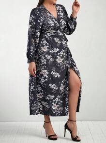 RueChic Plus Size Floral Print Wrap Dress With Knot Detail And Side Slit - Multicolor - View 4