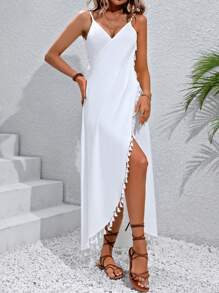 Swim Vcay Summer Beach Women's Fringed Wrap Backless Kimono Blouse