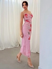 Aloruh 翻領玫瑰印花吊帶洋裝 - 粉色 - 查看 4