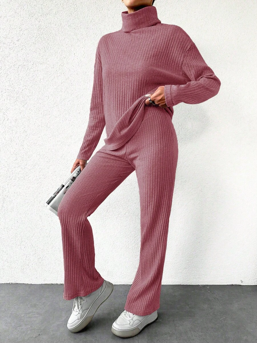 Cloudara Solid Color Turtleneck Top And Pants Set - Pink - View 1