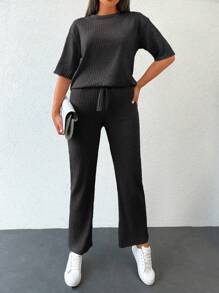 Cottnline Solid Drop Shoulder Tee & Pants - Dark Grey - View 5