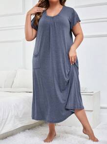 SHEIN Loose And Breathable Plus Size Pajama Night Dress, Long Dress - Navy Blue - View 3