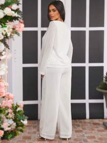 SHEIN 孕妇纯色宽松圆领休闲套装 - 白色 - 查看 2
