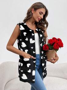 SHEIN LUNE 女式愛心印花無袖背心夾克,開放式前襟設計 - 彩色 - 查看 4