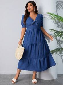 Breezaya Kích thước lớn Ngắn tay Đầm Denim Với Chi tiết nút thắt - Màu xanh lam - Xem 1