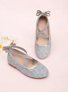 女童閃光十字綁帶蝴蝶結平底鞋
