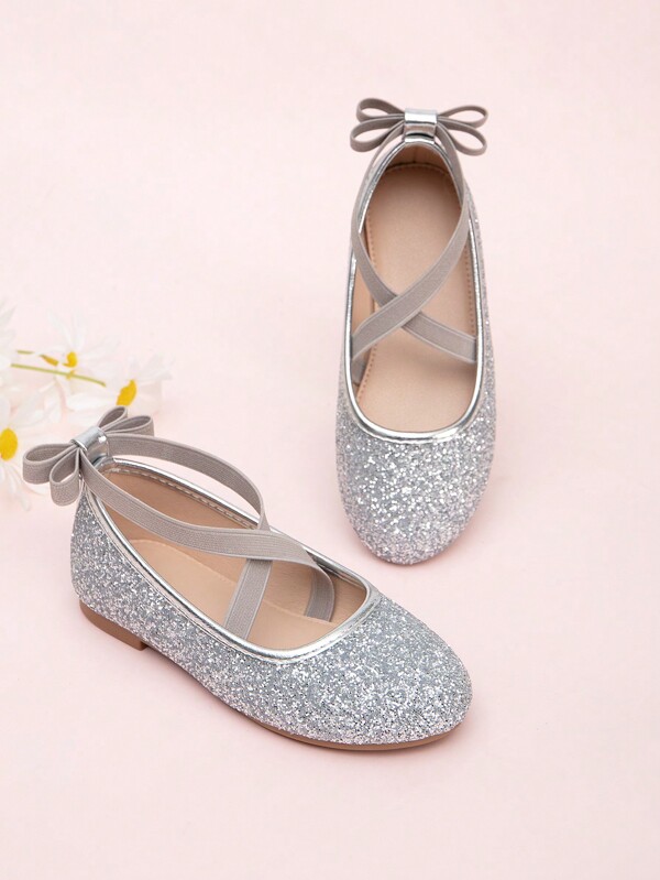 女童閃光十字綁帶蝴蝶結平底鞋