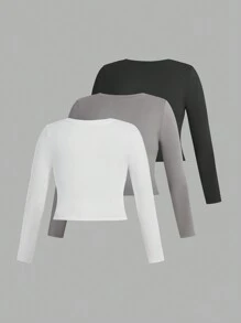 SHEIN SXY 3入組大尺碼純色修身長袖t恤 - 彩色 - 查看 4