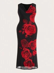 SHEIN Unity 女性大尺碼浪漫玫瑰印花飄帶領口連衣裙 - 黑色 - 查看 1