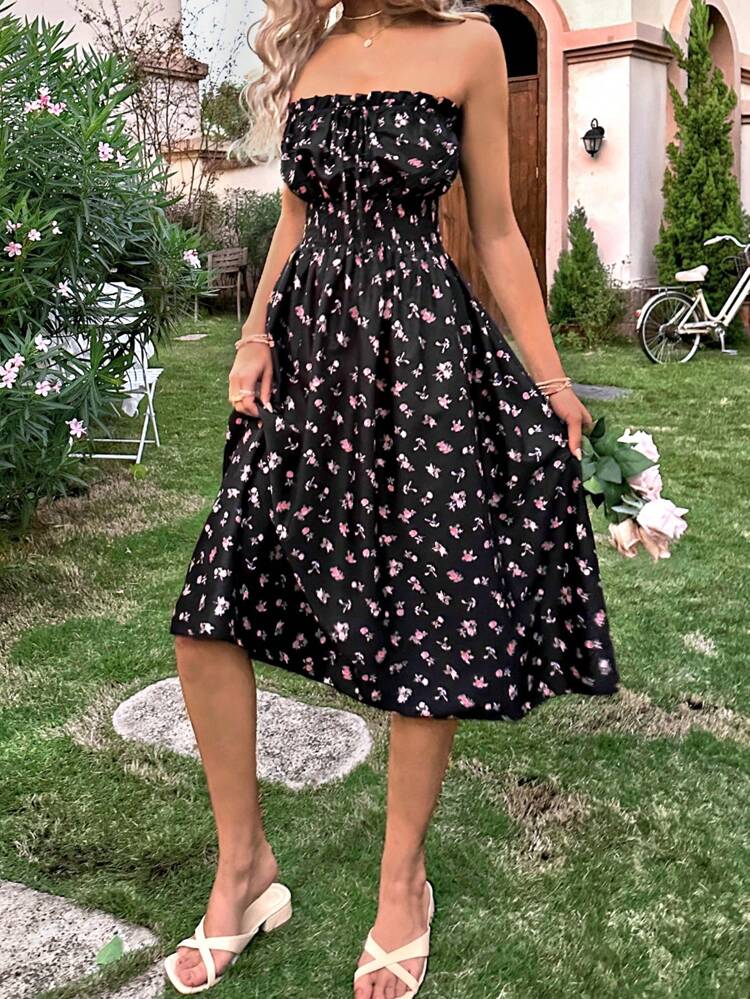Women'S Floral Print Strapless Tie Front Dress