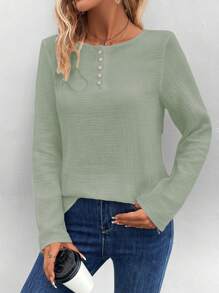 SHEIN LUNE Women's Fashionable Personalized Buttoned Collar Shirt - Green - View 4