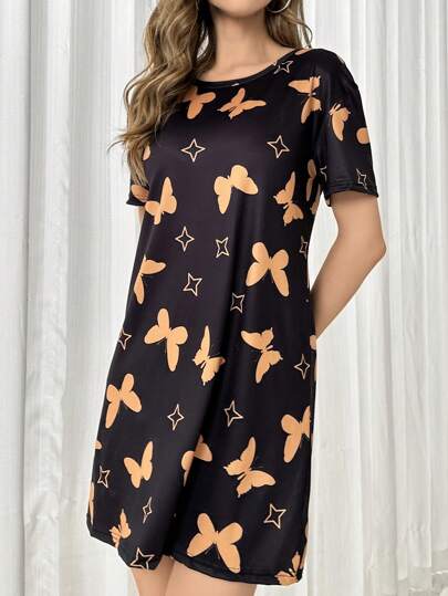 Butterfly Printed Short Sleeve Pajama Nightdress view 4