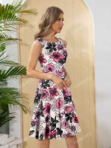 HOMEYEE Women'S Vintage Sleeveless Round Neck Flower Print A-Line Dress, Suitable For Beach Vacation And Work