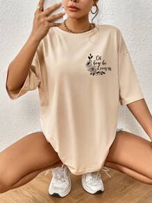 SHEIN Essnce Floral Letter Print Drop Shoulder T-Shirt Graphic Tees Women Tops - Apricot - View 5