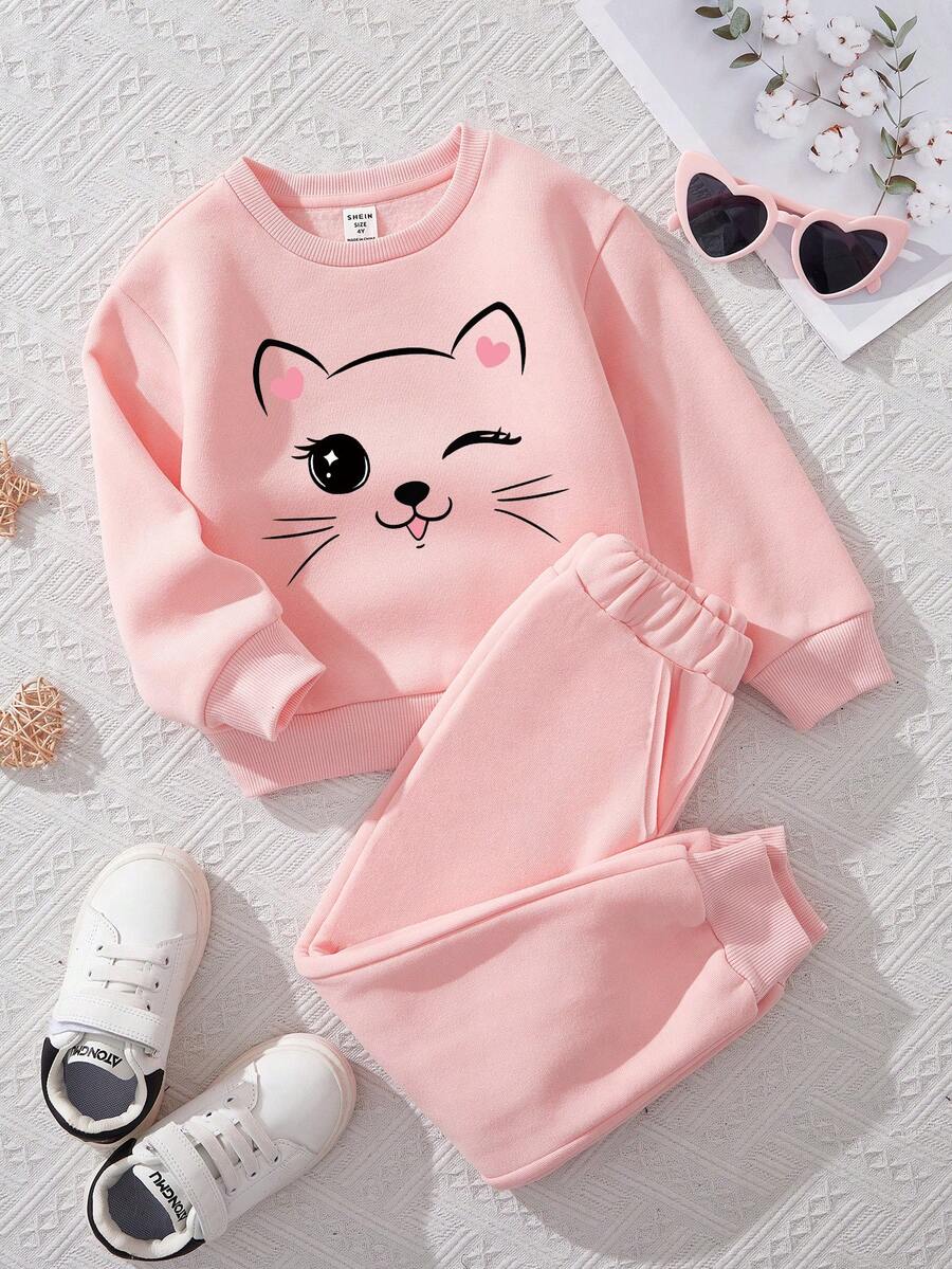 年輕女孩休閒卡通圖案長袖套頭衫和褲子套裝,適用於秋冬季 - 粉色 - 查看 1