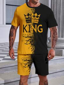 Manfinity Homme Men Plus Crown & Letter Printed Short Sleeve T-Shirt And Shorts Set