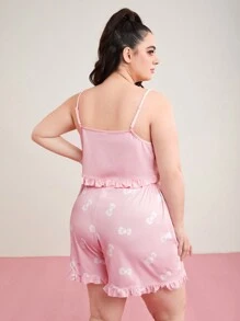 HELLO KITTY AND FRIENDS | SHEIN 女士加大碼卡通印花荷葉邊睡衣套裝,帶蕾絲飾邊 - 粉色 - 查看 2