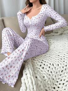 CottageSlumber Women's Casual Multicolor Floral Print Knitted Long Sleeve Top & Pants Pajama Set With Contrast Lace Details, Fall Winter Clothes - Multicolor - View 6
