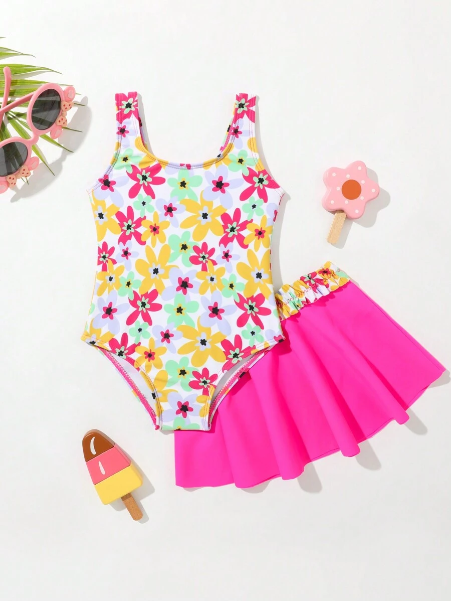 Infant Girls' Flower Print One-Piece Swimsuit - Multicolor - View 1