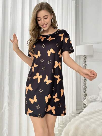 Butterfly Printed Short Sleeve Pajama Nightdress view 5