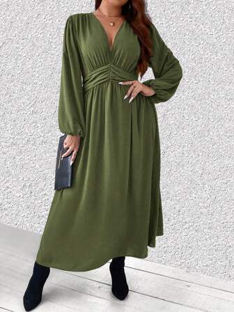 Flirla Women's Plus Size Solid Color Lantern Sleeve Stand Collar Dress