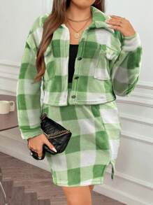 Flirla Plus Size Women's Plaid Fleece Jacket And Skirt Set - Green - View 4