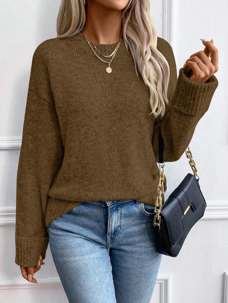 EMERY ROSE 女士圆领落肩长袖针织套头衫秋冬毛衣 - 咖啡棕 - 查看 1