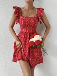 SHEIN WYWH 女款愛心印花後繫帶荷葉邊連身裙 - 紅色 - 查看 1