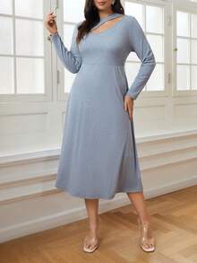 SHEIN Privé 大尺碼女裝圓領收腰空心a字裙 - 淺灰色 - 查看 6