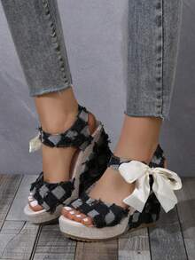 Women's Fashionable & Comfortable Round Toe Checked Slingback Sandals With Lace-Up Ankle Strap, Wedge & Thick Sole - Black - View 1