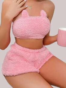 新品到貨女士絨毛性感無肩帶短上衣和短褲兩件套裝 - 粉色 - 查看 3