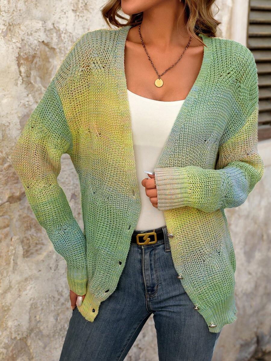 Chiquease Cárdigan De Manga Larga Degradado Con Escote En V - Multicolor - Ver 1
