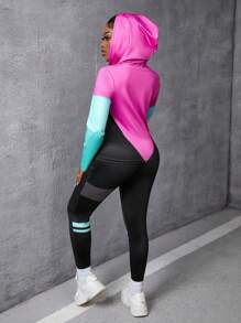 Slaydiva Bộ áo thun dài tay có mũ trùm đầu phối màu và quần legging phối màu dành cho nữ - Nhiều màu - Xem 3