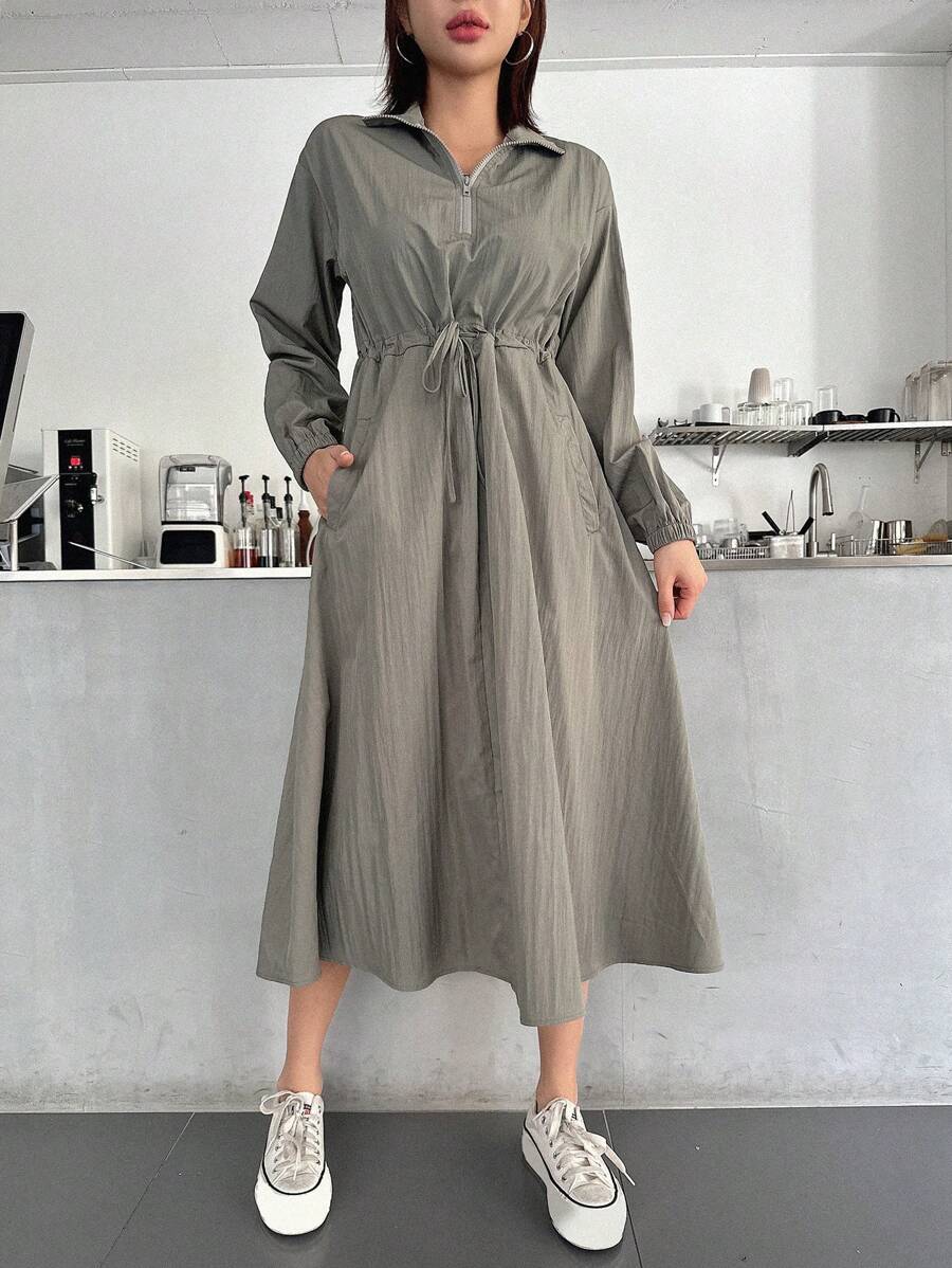 DAZY Women'S Solid Color Drawstring Waist Dress - Green - View 1