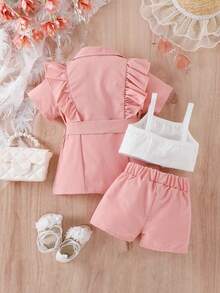 Đứa bé gái Angle Vòng cổ Ngắn tay Áo khoác Với Ruffled , Quần short Và Áo ba lỗ Áo Bộ - Hồng - Xem 2