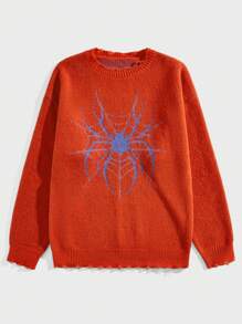 ROMWE MEN Goth Men's Long Sleeve Sweater With Spider Pattern - Orange - View 1
