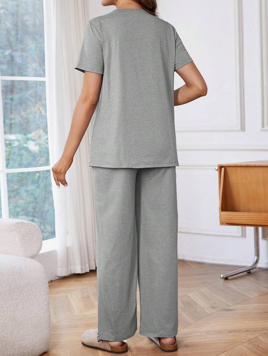 SHEIN Maternity Short Sleeve Breastfeeding Top And Pants Set SHEIN UK