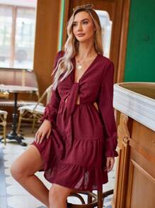 GENKIRA Vestido De Manga Larga Con Detalle De Lazo En El Cuello - Rojo - Ver 4