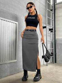 SHEIN PETITE 女士純色高開叉裙