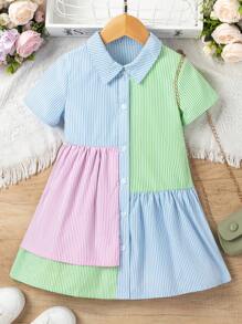 SHEIN Sukienka dla młodej dziewczyny w paski i nadruki z kołnierzykiem Piotrusia Pana - Wielokolorowe - Zobacz 1