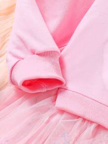 SHEIN Young Girls Printed Character Mesh Contrast Dress With Long Sleeve, For Autumn And Winter - Pink - View 3