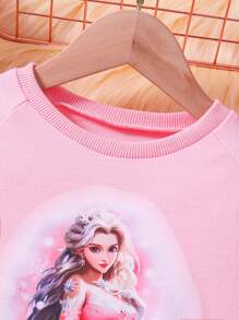 SHEIN Young Girls Printed Character Mesh Contrast Dress With Long Sleeve, For Autumn And Winter - Pink - View 5