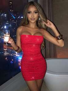 Women Sequin Skinny Pleated Mesh Bodycon Spaghetti Strap Mini Dress Glitter Christmas Party Rave Outfits - Red - View 7