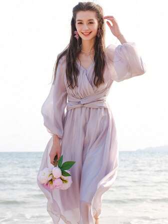 Solid Color Mesh Splice Twisted Knot Detail Dress