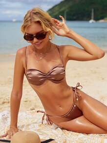 SHEIN Swim 比基尼泳装套装，带褶皱细节、侧系带和结音乐节夏季 - 咖啡棕 - 查看 8