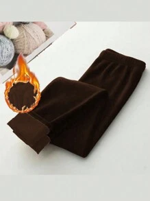 Flirla 大码纯色保暖内衬紧身裤 - 棕色 - 查看 6