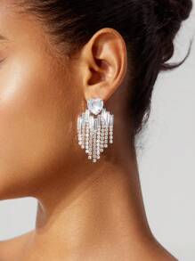 SHEIN BAE 新款跨境到貨鑲有鑽石的耳環,設計帶有美歐風格的心形和流蘇吊墜,適用於婚禮用耳環,1對 - 銀色 - 查看 1