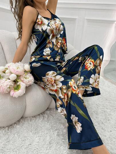 LuxeNights Women's Floral Printed Satin Cami Top & Pants Pajama Set